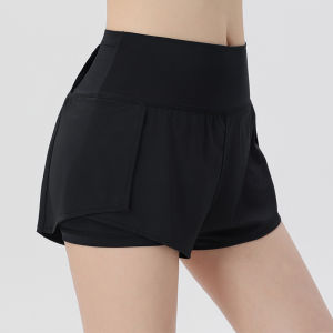 Quần short thể thao mới nữ rộng 2 lớp eo cao Quần tập Yoga luyện tập chạy bó sát có túi