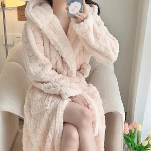Nightgown Womens Autumn Winter Coral Fleece Robe Nightwear Long Plush Thickened Sweet Bathrobe Warm Flannel Home Wear Sleepwear