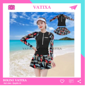 [MLXL] Đồ bơi nữ bikini đi biền 2 mảnh dài tay khoá kéo phối váy có quần bảo hộ kín đáo hoạ tiết hoa lá VATIXA BKN-146