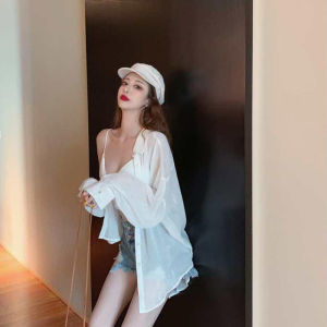 FASHLOVER Chiffon Shirt Womens Spring Summer Loose Mid-length Thin Long-sleeve Sunscreen Shirt Top