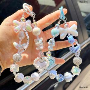 [COD] Bsuimki Anti Loss Mobile Phone Strap Wrist Chain Building Blocks Love Bow Beaded Pendant Keychain Bag Hangings Decoration