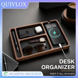 Wood Desk Organizer Tray Solid Wood Divider Compartments Cable Keys Phone Holder Office Table Storage