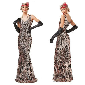 Womens long skirt 1920s Great Gatsby party evening dress elegant o-neck sleeveless slim beaded sequin long mermaid dress