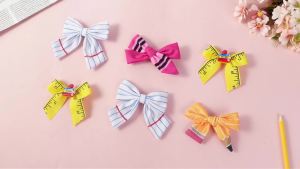 8 Pcs 3" x 4" Back to School Bow Hair Clips Pencil Crayon Bow Hair Accessories for Women Ruler Notebook Barrettes Non-slip Alligator Clips Teacher Appreciation Gifts School Supplies