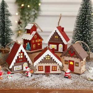 FERAB Decorative Christmas Snow House Pendant Christmas Tree Elk Lighting Glowing Log Cabin Xmas Small House  Mini LED Wooden Christmas House New Year