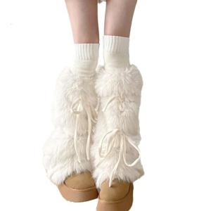Women Winter Furry White Leg Warmers Stockings Harajuku Vintage Warm Leggings Boot Cuffs Sweet Ribbon Bowknot Fuzzy Sock