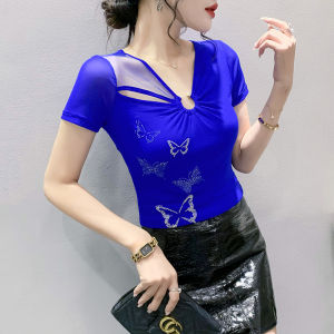 YIMEI Áo Thun Nữ Quảng Châu Đẹp Mới Mùa Hè Tay Ngắn Hai LớP Cổ Chữ V Áo Lưới Áo Thun Đính Kim Cương Đính Nơ Thiết Kế 2023