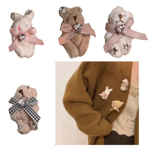 Bowknot Bear/Rabbit Brooch Plush Animal Shape Lapel Pin Bag Decorations Lovely Clothes Pins for Women Girl