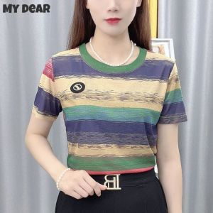 Slubby Cotton Tshirt for Women Korean Striped Top Short-sleeved T-shirt