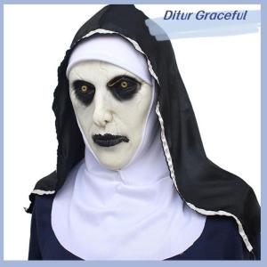 Ditur The Horror Scary Nun Latex Mask w/Headscarf Valak Cosplay for Halloween Costume