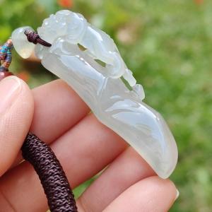 Premium Semi Icy with Light Green Hue Natural Type A Jadeite Jade crafted with Pixiu as a Pendant certificate included weigh 12.61 grams measurement 492. * 17.1 * 8.7 mm (pendant202)