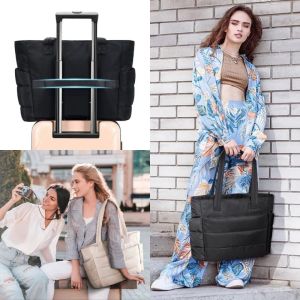 CRNGW Soft Cotton Padded Tote Bag Large Capacity Zipper Puffy Laptop Bag Trendy Handbag Commute Briefcase Girls