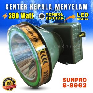 Senter Selam 280 Watt Headlamp Sunpro S-8962 Super Terang Cahaya Putih Baterai Isi Ulang Tahan 12-24 Jam (BONUS KACA MATA SELAM) senter kepala Selam Diving 280 W