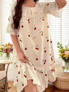 Summer Womens New Loose Casual Dress Round Neck Chiffon Lace Collar Sweet Style Nightdress   Cherry Style Homewear