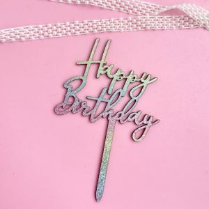 Happy Birthday Cake Topper Glitter Wooden Cake Topper Gradient Color Birthday Topper Birthday Cake Decoration Supplies