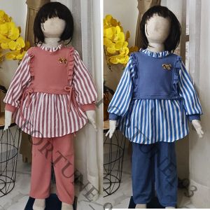 Setelan baju anak perempuan bahan crinkle mix knit caramel import usia 3 - 12 tahun korean style kekinian motif salur rompi setelan tangan panjang anak perempuan kekinian style anak korea 2024 - COD