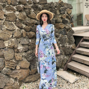 NUNA Maxi Dress Floral Printed Wrap Long Dress Beach Romantic Vacation Casual Lengan