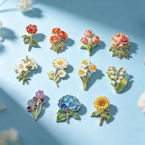 NOBLELYN Assorted Colors Flower Brooches Botanical Design Enamel Material Lapel Brooches Fashion 12 Piece Set Enamel Flower Pins For Women