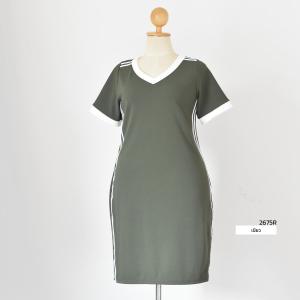 2675R ชุดเดรสสาวคอวีผ้ายืดมูลเวฟเเต่งริ้วขาว