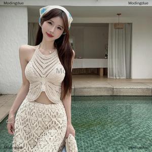 [COD] Modingdue Summer Bohemia Hollow Embroidered Halterneck Backless Sleeveless Knitted Camisole For Women