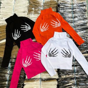 Áo thun nữ croptop ôm body cổ lọ in xương bàn tay tay dài cá tính ĐỦ MÀU