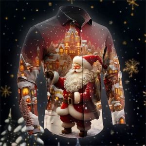 ZEEMIN 2025 Santa Claus Print Mens Shirt Autumn Long Sleeve Shirt Fashion Lapel Button Top European Size Men Clothing Christmas Shirts