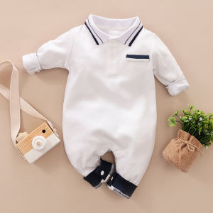 Baby Clothes Sets 100% Cotton Style Gentleman Polo Collar Solid Long Sleeves Jumpsuit Bodysuit Romper For Baby Boys