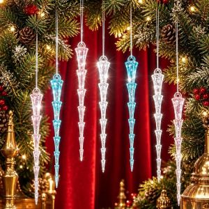 CALOCH 12Pcs Realistic Acrylic Icicle Christmas Ornaments Shatterproof Fake Icicle Clear Ice Strip Hanging Pendants Elegant Sparkling Xmas Colored Icicle Decor Christmas Gift
