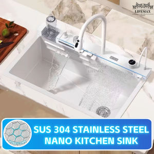 [SG Seller]304 Stainless Steel Whole Washbin Embe Kitchen White Household Flying Rain Waterfall Sink Large Single Sink
