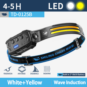 Smiling Shark Headlamp Original TD0125 Headlight Wave Induction Lightweight Headlamp Rechargeable Waterproof Head Torch for Night Working Hiking Outdoors Camping Fishing