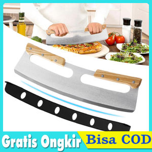 35Cm Pisau Pemotong Pizza Stainless Besar Pegangan Kayu Wood Pizza Cutter Swing Rocker + Tutup Pemotong Pizza