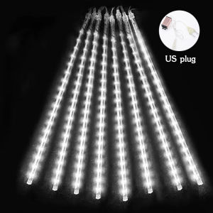 ไฟกระพริบโซล่า ไฟ LED ฝนดาวตกพลังงานแสงอาทิตย์30ซม./45ซม. IP65ไฟราวคริสต์มาสกันน้ำไฟดาวตกอัจฉริยะแบบอัตโนมัติพร้อมไฟกระพริบ8ดวงสำหรับตกแต่งสว สองรุ่น:รุ่นชาร์จพลังงานแสงอาทิตย์/ปลั๊กอิน (Plug US)