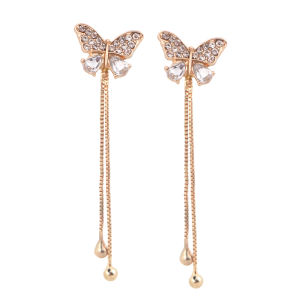 【♡Lovely girls house♡】Korean Style Butterfly Tassel Rhinestone Drop Earrings Gold Stud Earrings for Women Jewellery Gift