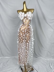 Womens Elegant Dress White Floral Beaded Party Gowns Sheer Mesh 2-Piece Club See Through Evening Dress Slip/Strapless Dress Wedding Guest Gown Stage Maxi Dress Wedding Prom Robe Graduation Prom Birthday Party Long Dress