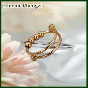Hmeme Anxiety Balls Beads Rings For Women Open Spinner Adjustable Finger Ring Stainless Steel Rotating Freely Anti Stress Jewelry Gift