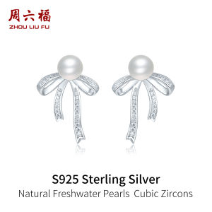 ZHOU LIU FU 周六福 ต่างหูเงินสเตอร์ลิง ต่างหูไข่มุก ต่างหูโบว์ S925 Sterling Silver Pearl Earrings Bow Studs Earrings Cubic Zircon Hypoallergenic Earring for Women Girl birthday X0915231