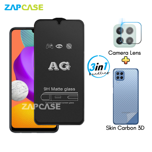 Samsung M22 M32 PAKET 3in1 Tempered Glass Anti Glare Free Camera Lens dan Skin Carbon