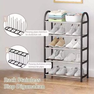 rak sepatu susun serbaguna rak sandal tempat sepatu minimalis bahan stainless 5 susun ready warna hitam