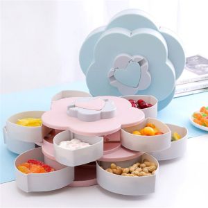 Rotating Snack Tray | Double Deck Flower Shaped Platter | 10 Segmented Containers | Mobile Phone Holder | Nut Candy Dried Fruit Food Storage Organizer