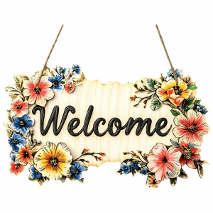 MASTERYX Retro Style 2D Round Welcome Sign Warm Home 2D Flat Hanging Wooden Board Round Doorplate Front Door Decor
