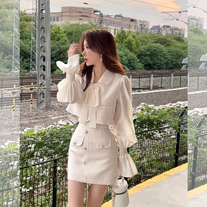 Fashion Elegant Two Piece Set Women Elegant Korean Style Patchwork Flared  Sleeve Crop Top Jacket+short Skirt Sweet Suits