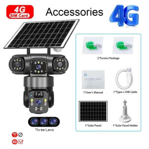 Solar Three Lens V380 Pro CCTV With WiFi/4G Sim Card Waterproof Wireless IP Camera Automatic Tracking Human Detection Night Vision Solar Battery Powered CCTV Camera