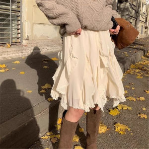 Skirts Women Summer 2025 Chiffon Ruched Skirts Woman Clothing 2000s Clothes Kawaii Black Lace Skirts Kawaii White
