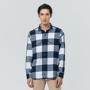 EDWIN JEANS - BASTIEN NAVY WHITE Kemeja Flannel Lengan Panjang Pria Casual Top Man Shirt