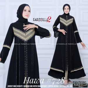 Grosir Gamis Abaya Hitam Busui/Ziper Depan Jersey Premium Mix Ceruti Aplikasi Mote dan Bordir Hawa 728