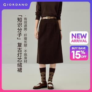 Giordano Women 100% cotton corduroy pleated midi skirt Free Shipping 05466673