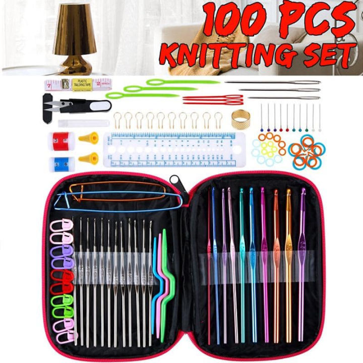 TwoL 100pcs Crochet Hook Set with Yarn Knitting Needles Sewing Tools ...