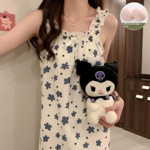 Girls Foam with Chest Pad Detachable Sleeveless Suspender Womens Nightdress Summer Thin Style for Princess Style Loungewear