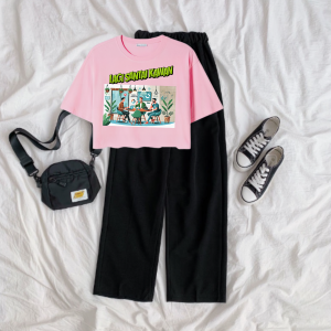JOY One Set Crop Oversized Lengan Pendek Lagi Santai Kawan Dan Celana Panjang