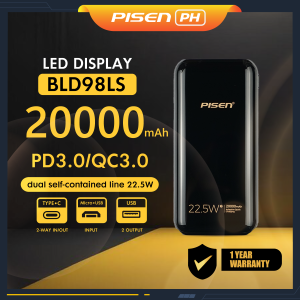 Pisen BLD98LS 20000mAh 22.5W Powerbank Pisen Quick 3 Output & 2 Input PD3.0/QC3.0/FCP/AFC/BC1.2/PE With LED Digital Screen Display Fast Charging Full Compatibility Powerbank For Apple Iphone Xiaomi Huawei Redmi Oppo Samsung With 1 Year Warranty